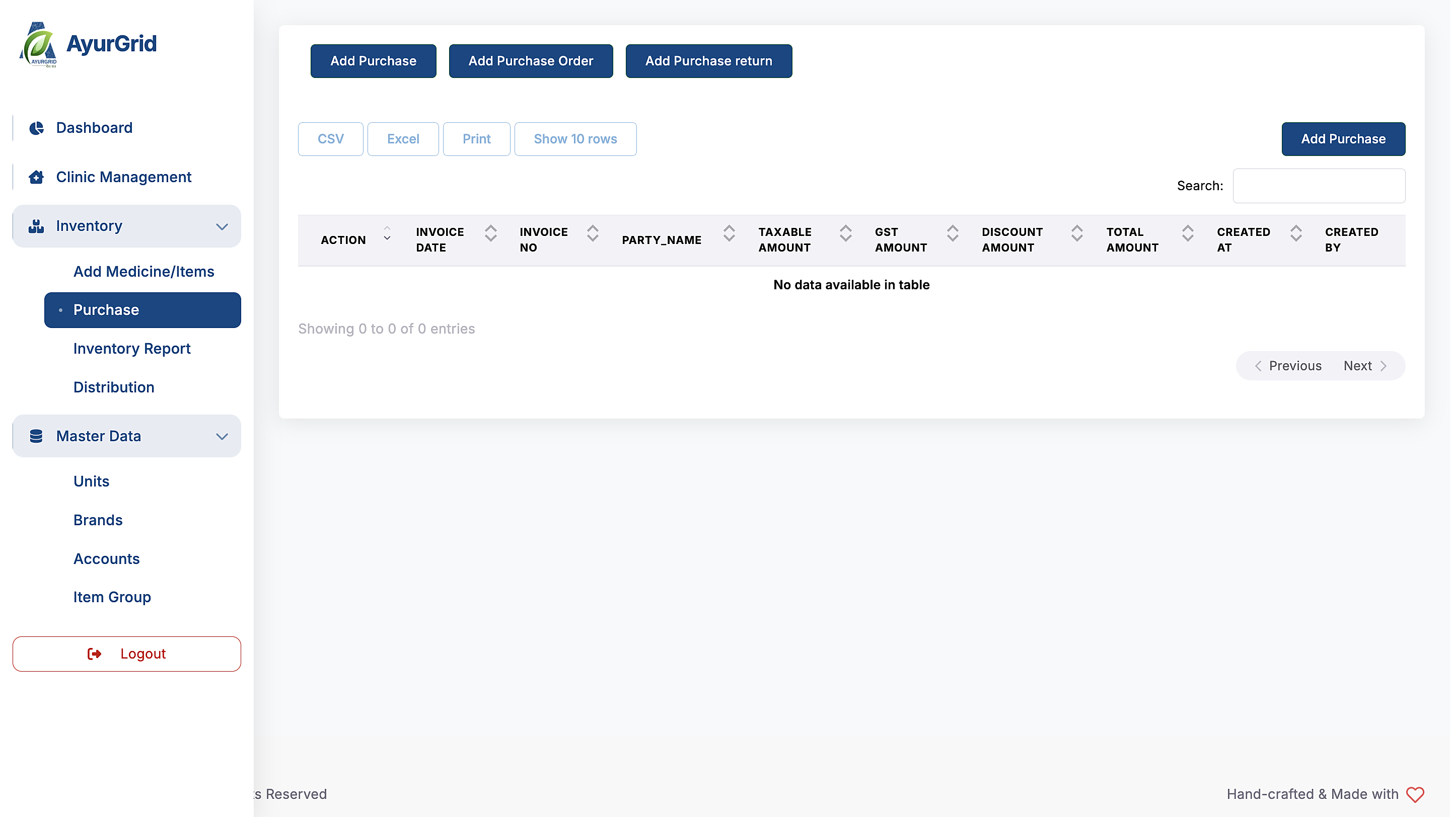 AyurGrid Super Dr. inventory screen with purchases, purchase orders and distribution